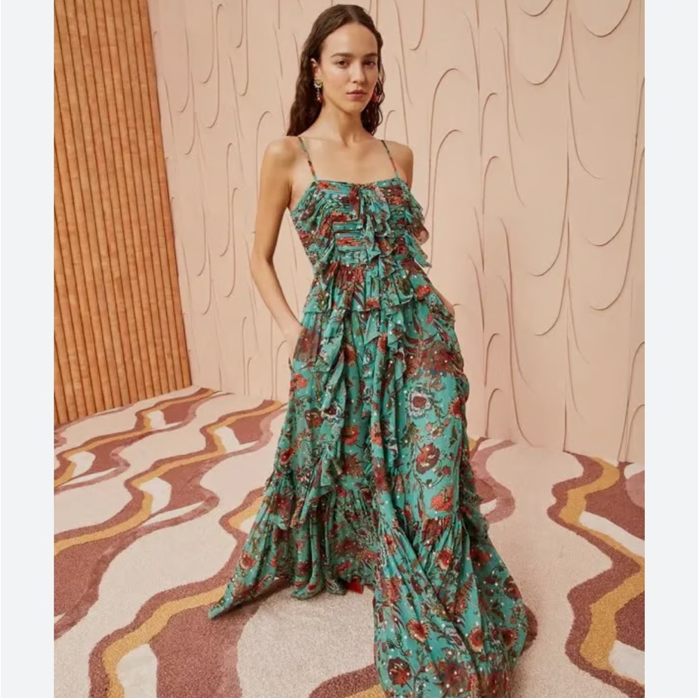 Ulla Johnson Colette Gown- Green Garden Bloom Floral Colette Gown Ruffles Silk